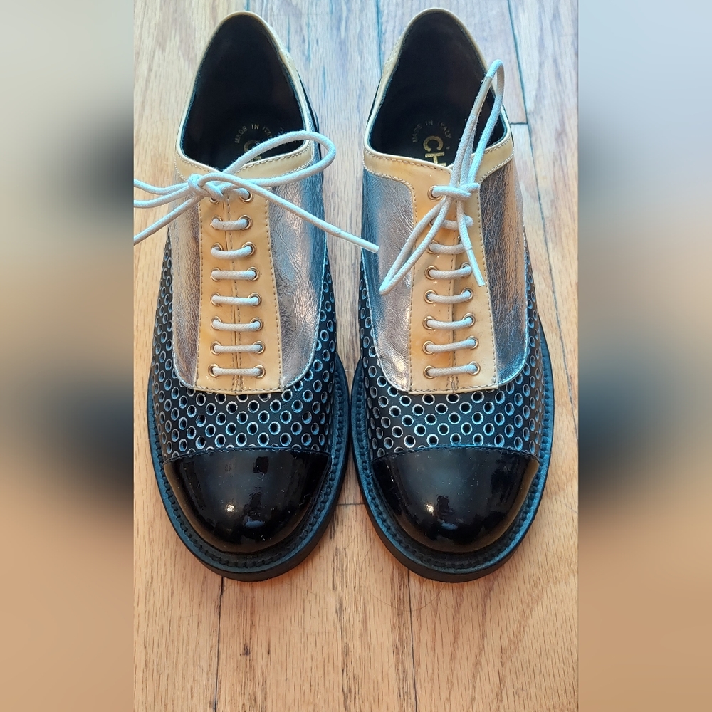 CHANEL Black Patent and Silver Leather Lace-Up Flats